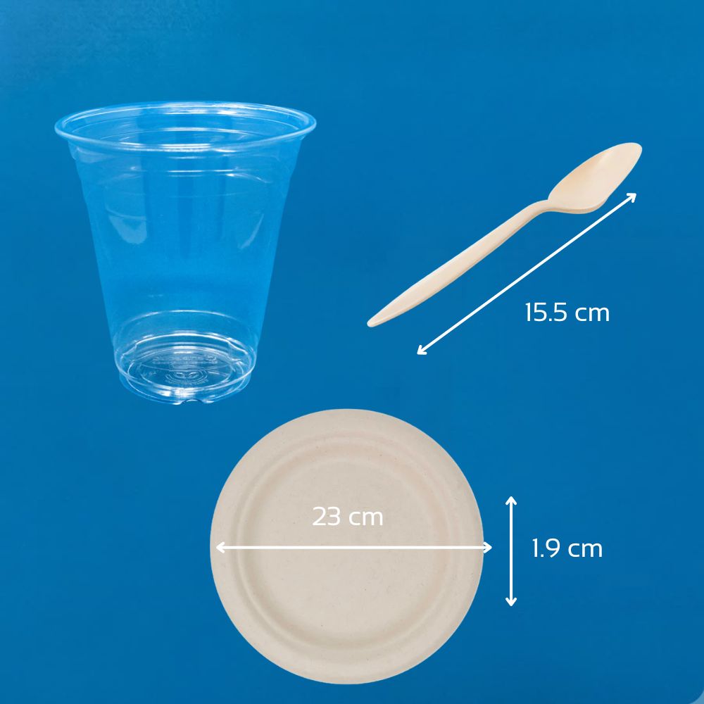 KIT DE VAJILLA PARA FIESTA | 1000 VASOS REUTILIZABLES, 1000 PLATOS COMPOSTABLES Y 1000 CUCHARAS