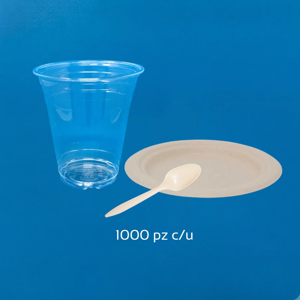KIT DE VAJILLA PARA FIESTA | 1000 VASOS REUTILIZABLES, 1000 PLATOS COMPOSTABLES Y 1000 CUCHARAS