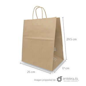 Bolsa biodegradable de papel kraft plana con asa torcida (25cmx17cm+29.5cm)