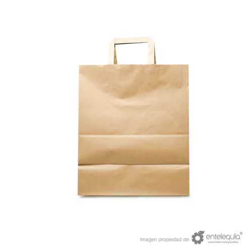 Bolsa biodegradable de papel kraft plana con asa plana (25cmx17cm+29.5cm)