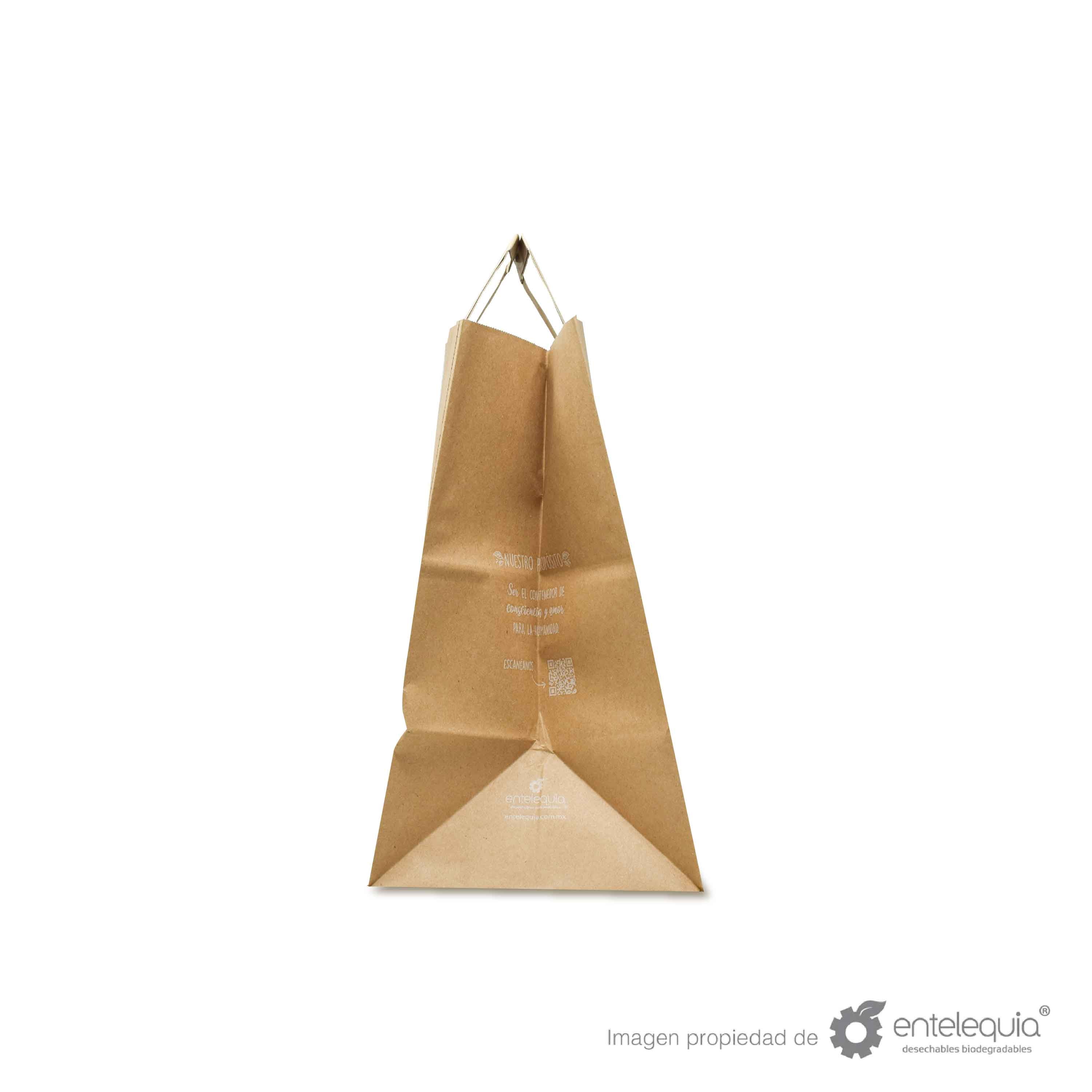 Bolsa biodegradable de papel kraft plana con asa plana (25cmx17cm+29.5cm)