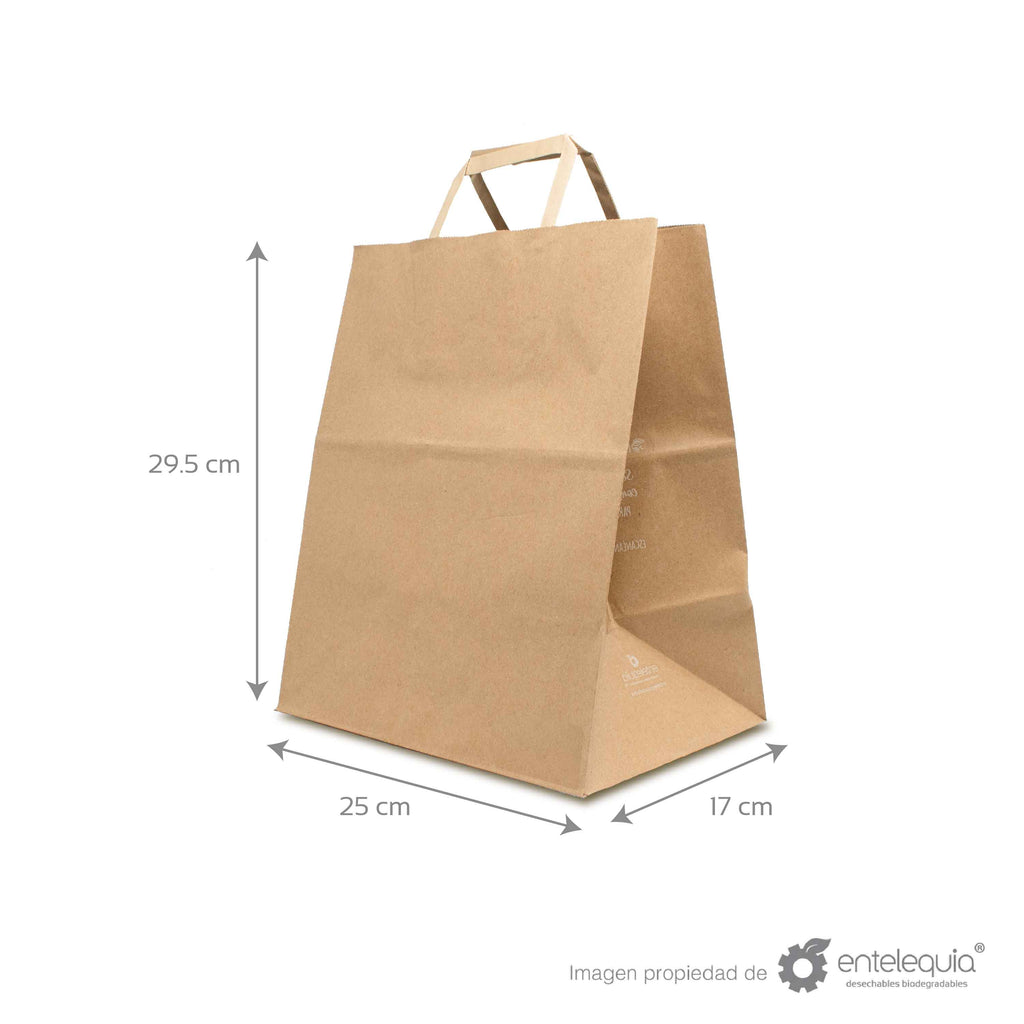 Bolsa biodegradable de papel kraft plana con asa plana (25cmx17cm+29.5cm)