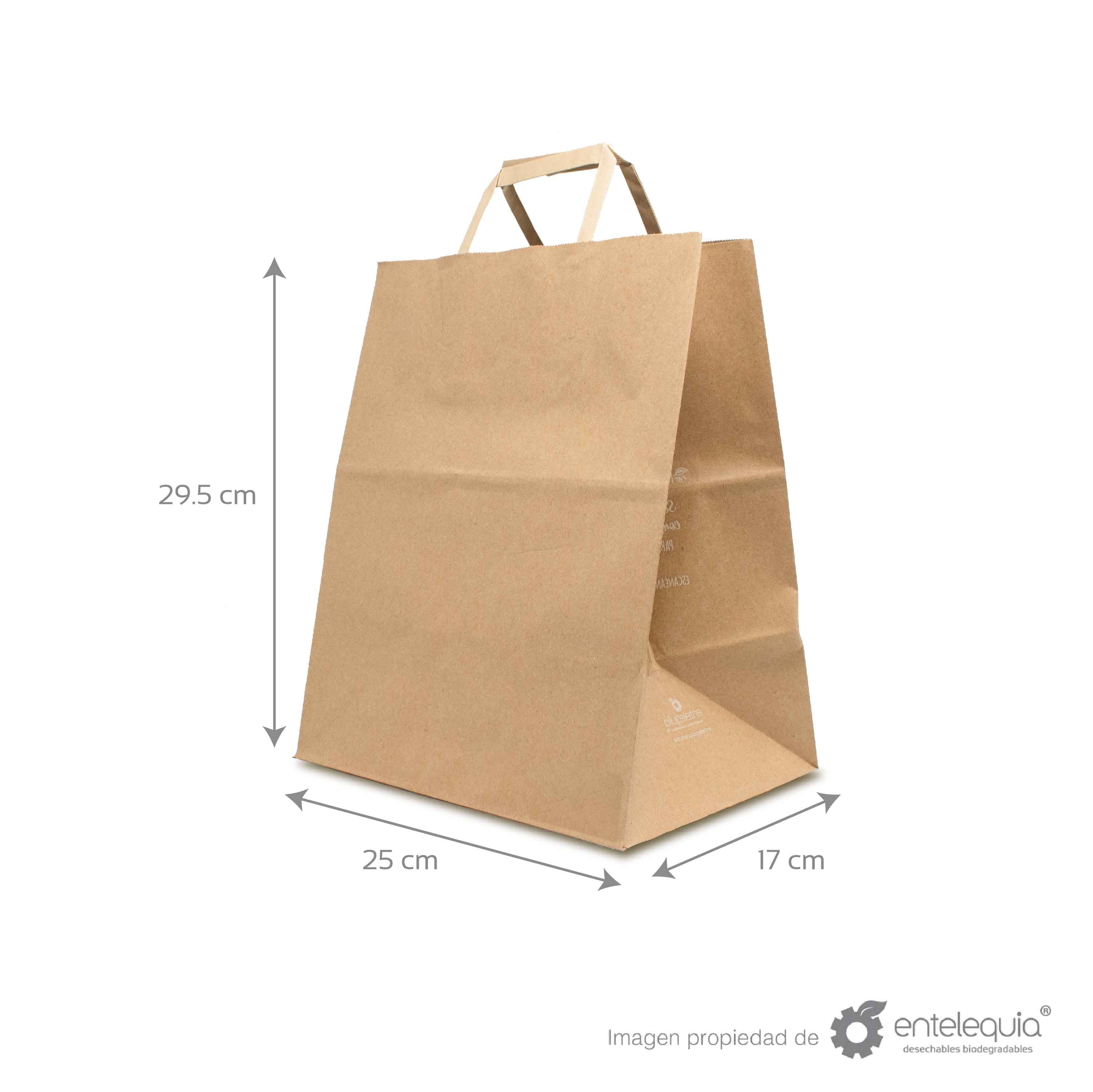 Bolsa biodegradable de papel kraft plana con asa plana (25cmx17cm+29.5cm)