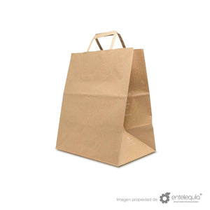 Bolsa biodegradable de papel kraft plana con asa plana (25cmx17cm+29.5cm)