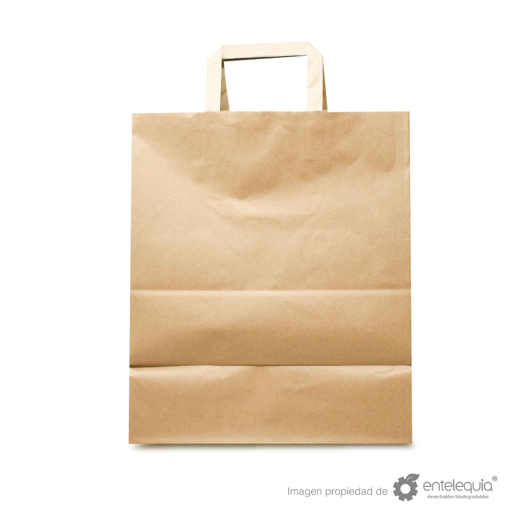 Bolsa biodegradable de papel kraft plana con asa plana (30cmx18cm+37cm)
