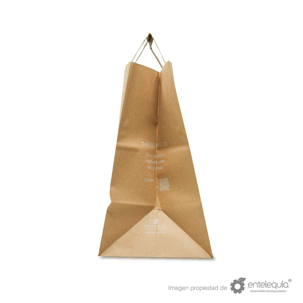 Bolsa biodegradable de papel kraft plana con asa plana (30cmx18cm+37cm)