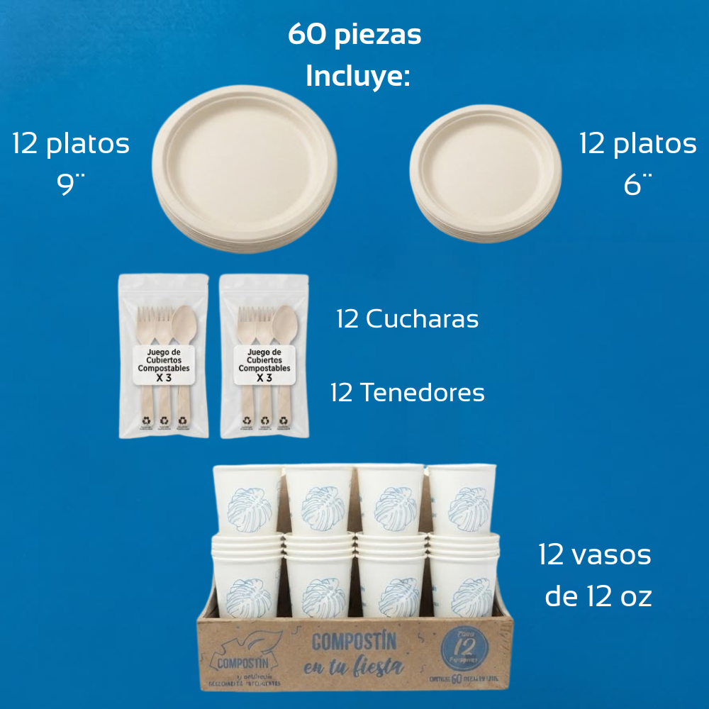 Kit para Fiesta de 12 Personas con Vasos, Platos y Cubiertos Compostables | 60 Pzas