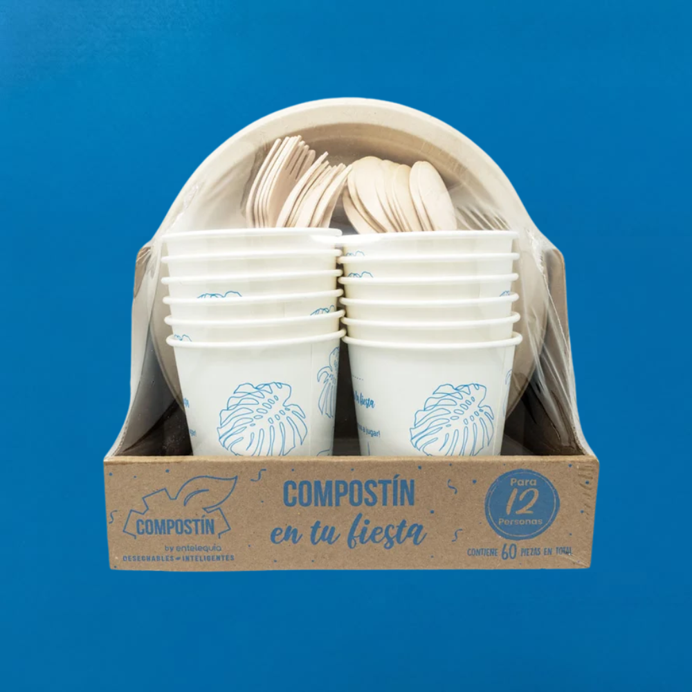 Kit para Fiesta de 12 Personas con Vasos, Platos y Cubiertos Compostables | 60 Pzas