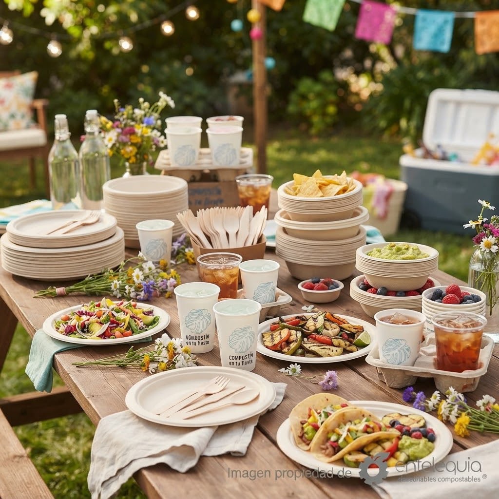 Kit para Fiesta de 12 Personas con Vasos, Platos y Cubiertos Compostables | 60 Pzas