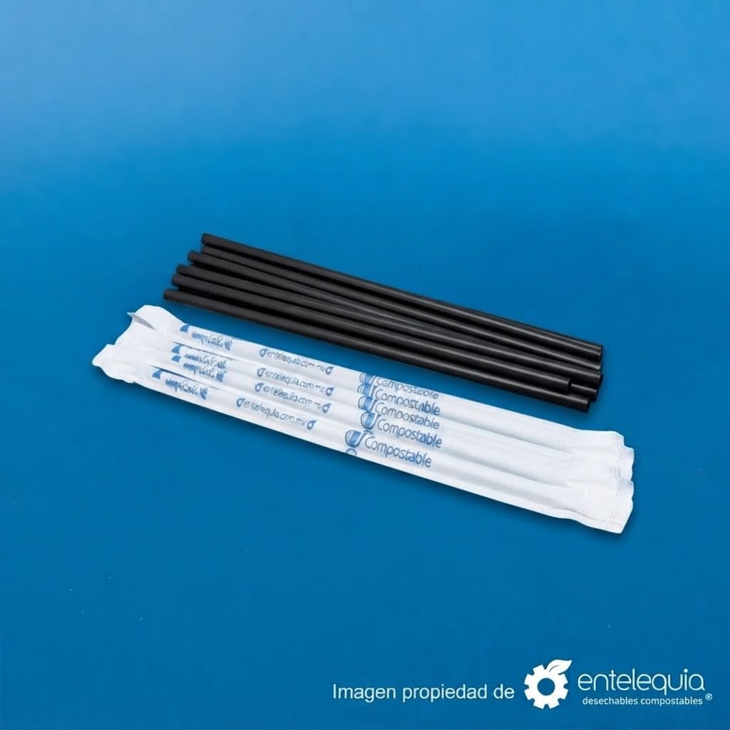Popote de PLA Negro Estuchado en Papel | 21 cm