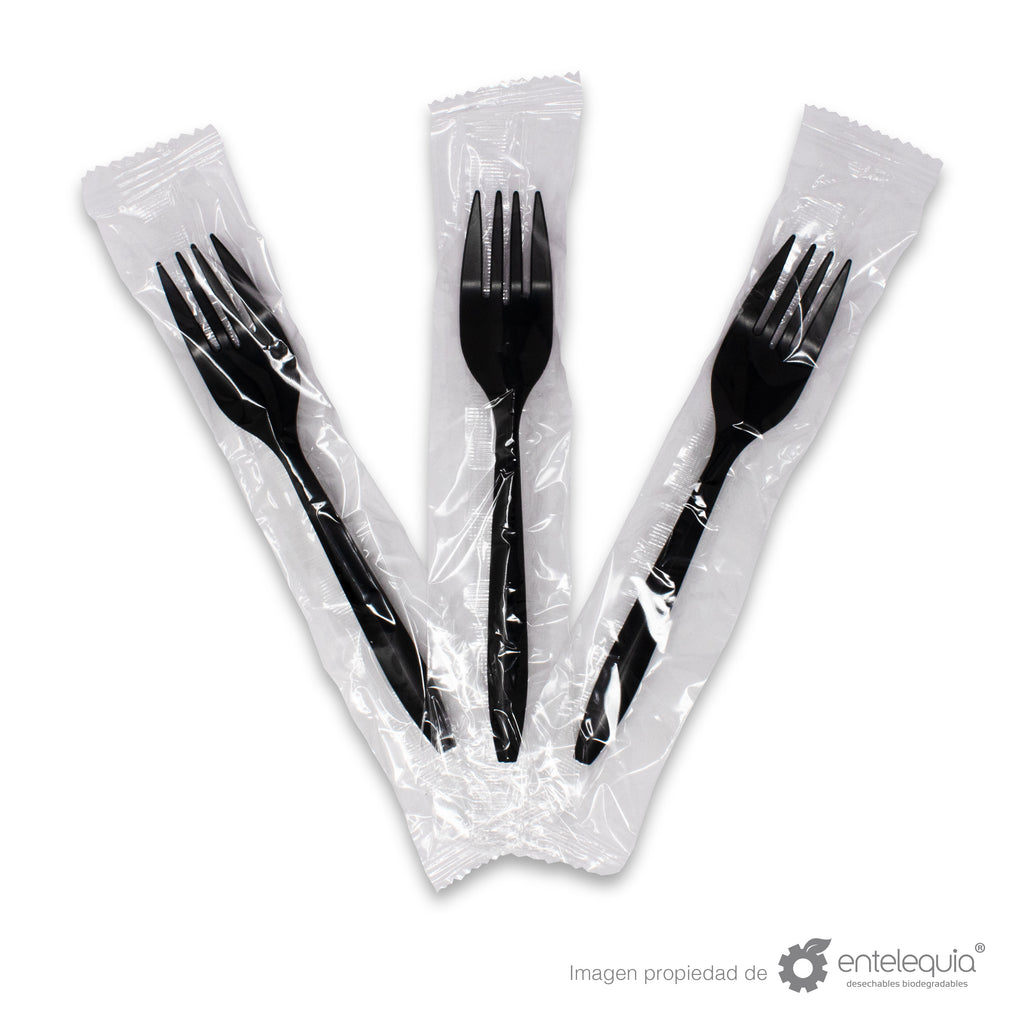 Tenedor de 6" de fécula de maíz negro estuchado