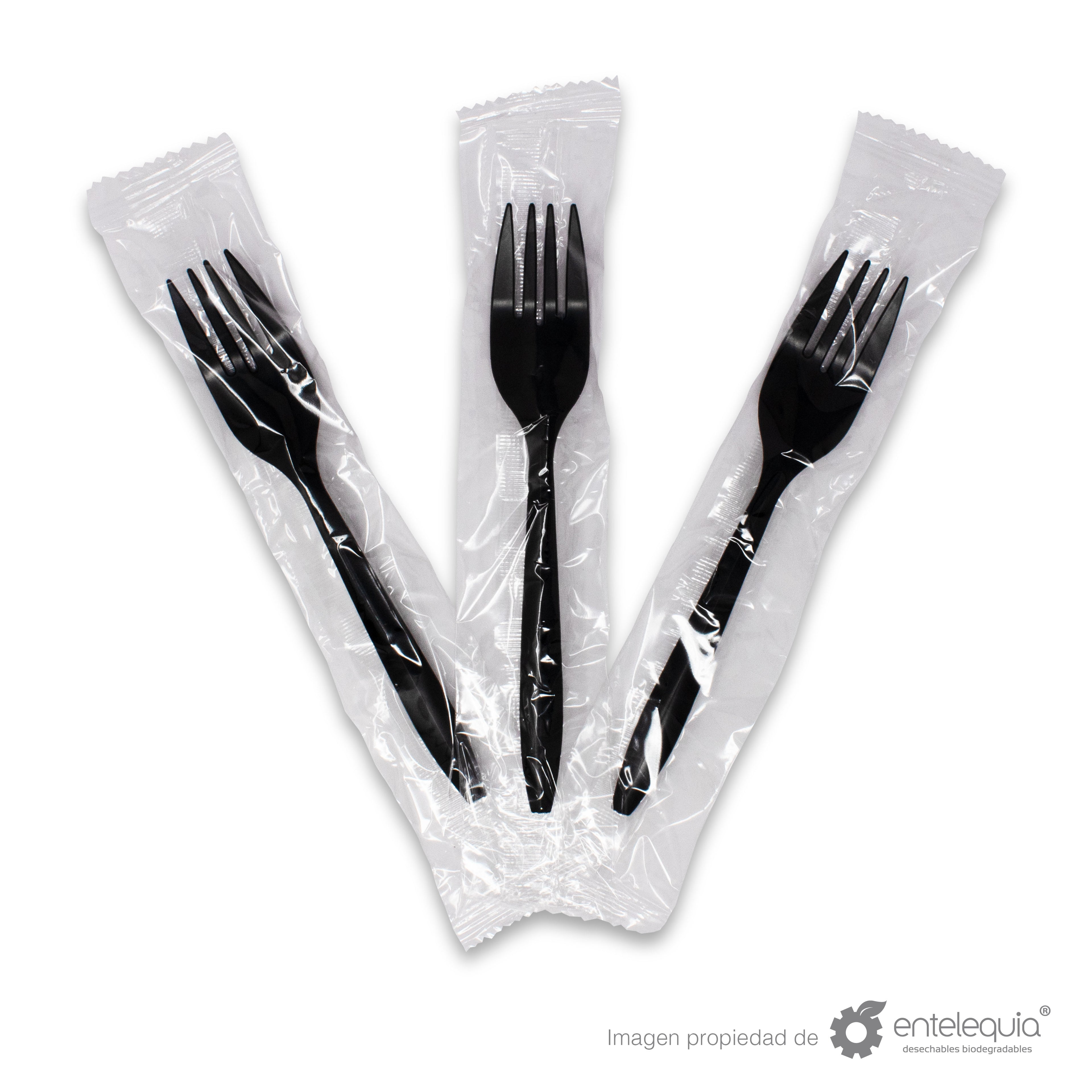Tenedor de 6" de fécula de maíz negro estuchado
